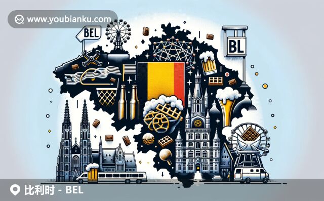 比利時(shí)地標(biāo)與傳統(tǒng)元素相融合，展示原子塔、中世紀(jì)建筑與特色食品，以明信片風(fēng)格呈現(xiàn)郵政主題