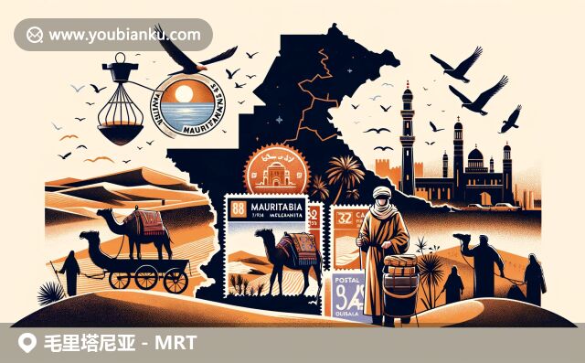 毛里塔尼亞地圖輪廓、沙漠景觀與瓦丹古跡，融入復古郵件信封和傳統(tǒng)服飾郵差