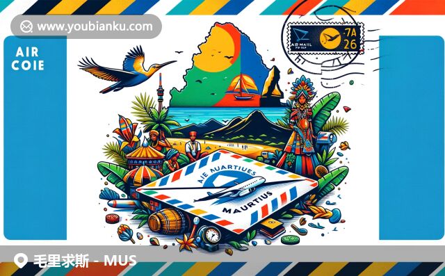 毛里求斯多元文化的現(xiàn)代詮釋，展示國(guó)旗、自然景觀和航空郵政特色