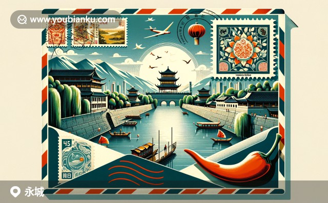 裝飾有郵票的郵差信封，展現(xiàn)永城護(hù)城河、永城辣椒與傳統(tǒng)樂器的現(xiàn)代藝術(shù)插圖