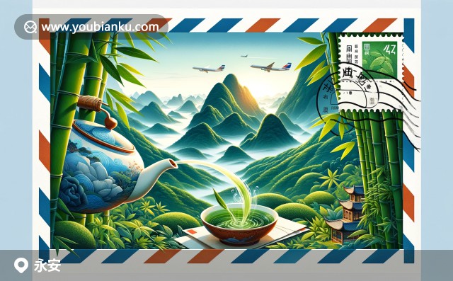 航空信封形狀的插畫，展現(xiàn)永安市武夷山脈、茶文化與竹林特色，象征郵政通信與地方遺產(chǎn)