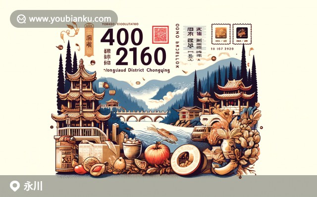 永川區(qū)特色展示 - 黑山谷風(fēng)光、永川豆腐乳與嘉陵江景觀的現(xiàn)代創(chuàng)意插畫