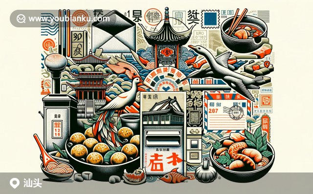 汕頭南澳島碧海藍(lán)天、小公園文化標(biāo)志和潮汕美食，古典郵政元素點綴