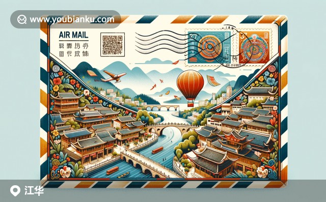 裝飾有中國郵戳與郵票的航空信封，內(nèi)含連州古鎮(zhèn)、武溪河與瑤族服飾，展示江華的自然與文化遺產(chǎn)