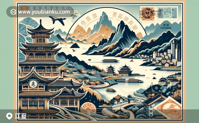 武漢市江夏區(qū)現(xiàn)代與自然交織的航空信封插畫，包含江夏大學(xué)城、湯遜湖和特色美食豆皮