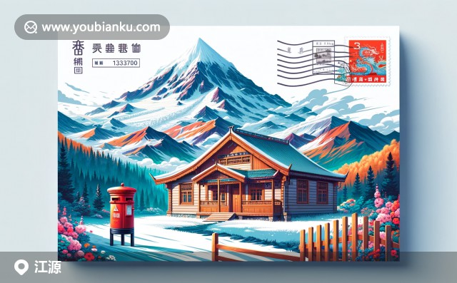 長白山雪頂、森林、滿族木屋與郵筒的江源區(qū)明信片