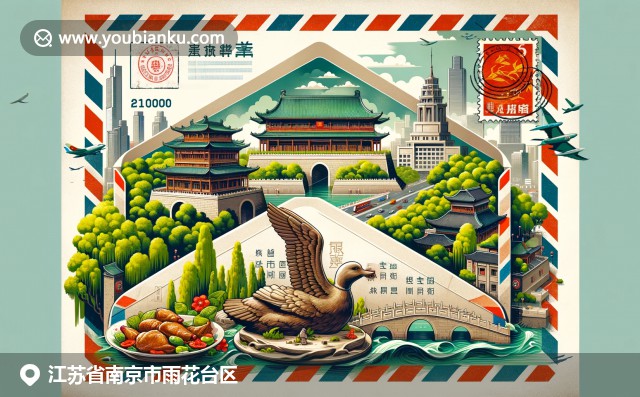 南京雨花臺區(qū)文化與歷史的精髓：雨花臺烈士紀(jì)念園、中華門古城門與鹽水鴨美食融合藝術(shù)圖案