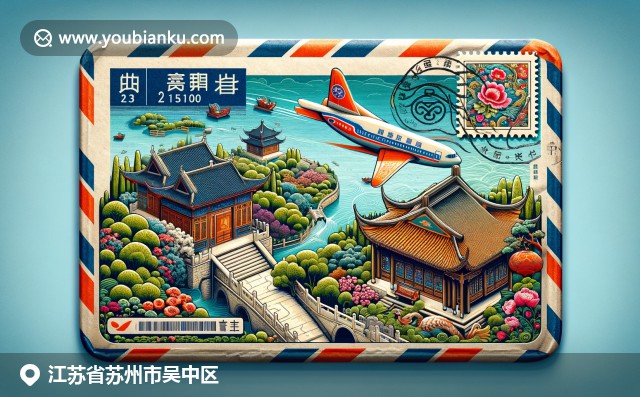 蘇州吳中區(qū)的園林、絲綢和金雞湖融入復(fù)古郵件元素，展現(xiàn)當(dāng)?shù)靥厣妥匀伙L(fēng)光
