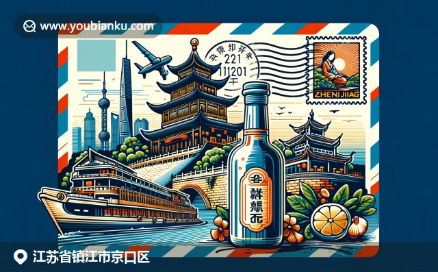 展現(xiàn)鎮(zhèn)江市京口區(qū)三大標(biāo)志性元素：金山寺、西津渡和鎮(zhèn)江香醋，巧妙融入風(fēng)格化的航空信封