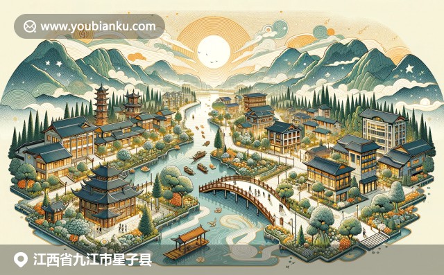 江西九江星子縣明信片，展現(xiàn)自然美景、文化遺產(chǎn)和特色美食，融入航空信封、郵票和郵戳