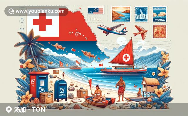 湯加海灘美景與波利尼西亞傳統(tǒng)船只，展現(xiàn)國(guó)旗和地圖輪廓，融入湯加文化郵政元素