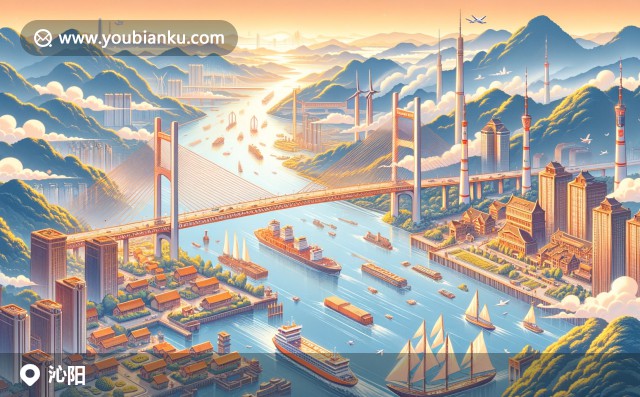 現(xiàn)代插畫風格的沁陽市454550郵政編碼，展示黃河大橋、太行山脈和沁陽烤鴨，藝術感十足