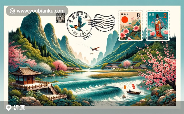 插圖：寶塔泉泉水、沂蒙山翠色與桃花盛開的航空郵件設(shè)計(jì)，郵政編碼256100，展現(xiàn)自然與文化魅力