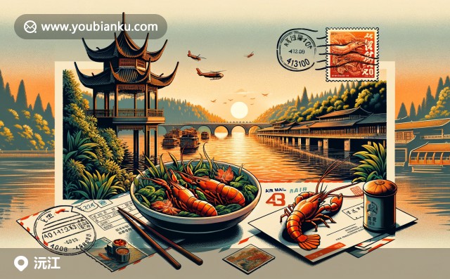 創(chuàng)意明信片：湘江日落，辣味小龍蝦與古典亭子，益陽郵資特色