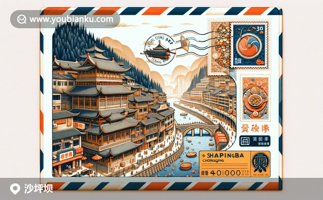 重慶市沙坪壩區(qū)插畫(huà) - 磁器口古鎮(zhèn)建筑、火鍋元素與三峽博物館郵票