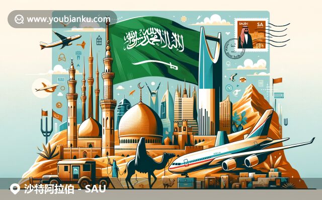 沙特郵政頁面設(shè)計展示沙特文化與郵政特色，地標(biāo)如麥加圣殿大清真寺與利雅得國王塔融入設(shè)計，沙漠景觀如駱駝和傳統(tǒng)服裝也呈現(xiàn)