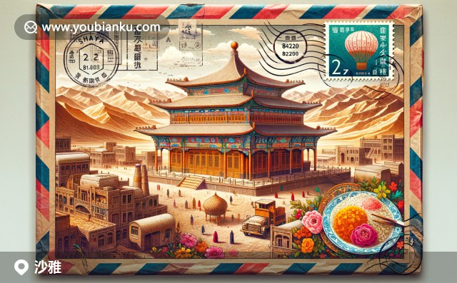 沙雅縣航空信封插圖：沙漠風(fēng)光、傳統(tǒng)維吾爾族建筑與特色美食，郵戳標(biāo)識(shí)842200