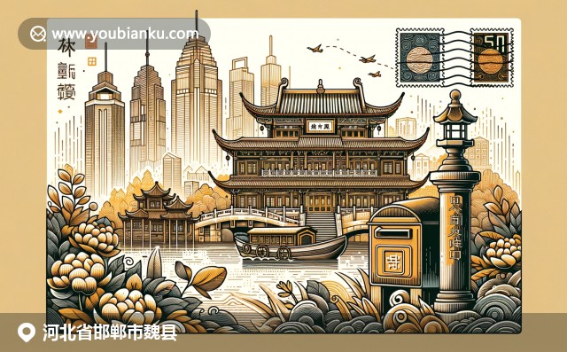 現(xiàn)代航空郵件信封中融入了趙王城遺址、河北鄉(xiāng)村景色和特色面食，展現(xiàn)河北省魏縣的文化特色