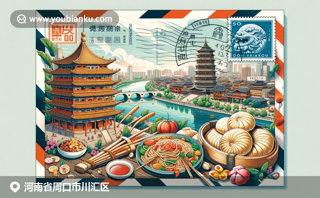 周口鼓樓、周口辣面和河南蒸包，與沙穎河風(fēng)光融合于航空信封，展現(xiàn)周口文化與郵政特色