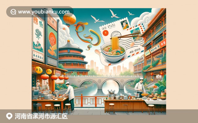 河南源匯區(qū)文化與牛肉面風景，郵政信封印有“462000”區(qū)號，展現(xiàn)多元融合
