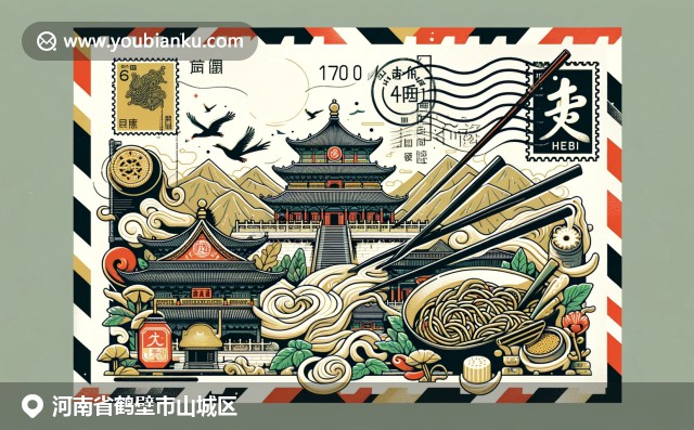 河南鶴壁市山城區(qū)的現(xiàn)代郵政主題插圖，展現(xiàn)象山寺和傳統(tǒng)美食，融合中國風(fēng)郵局元素