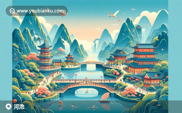 廣西河池的獨特文化和郵政元素，展現(xiàn)壯族山歌、紅色旅游景點列寧巖，融入中國郵票和郵戳設計