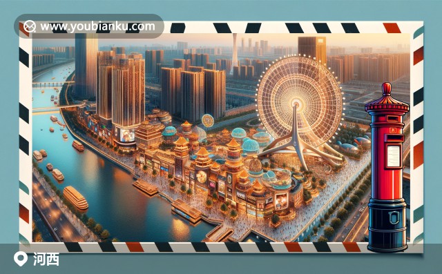 河西區(qū)標(biāo)志性景觀-天津之眼摩天輪與狗不理包子，郵編300000的古典信封與中國郵政郵戳