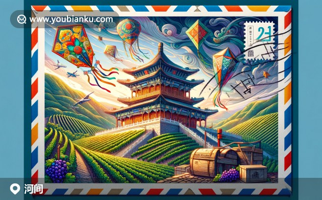 半開(kāi)航空郵件信封上的河間市特色：白龍廟、葡萄園與風(fēng)箏郵票