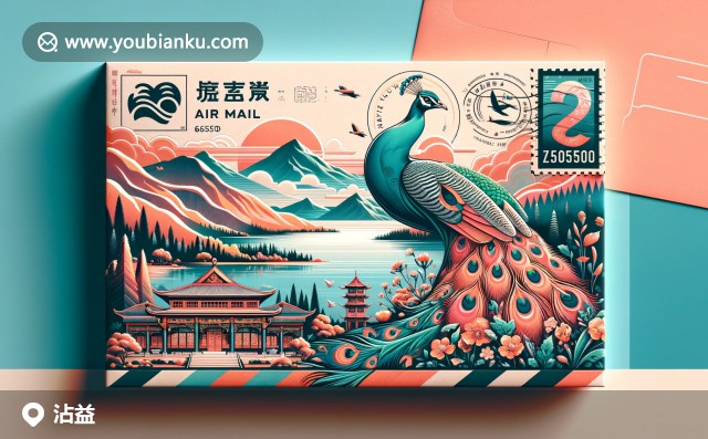 精美航空郵件信封，展現(xiàn)星云湖、金殿孔雀和羅漢山的特色，傳統(tǒng)與現(xiàn)代交融的曲靖沾益縣風(fēng)景