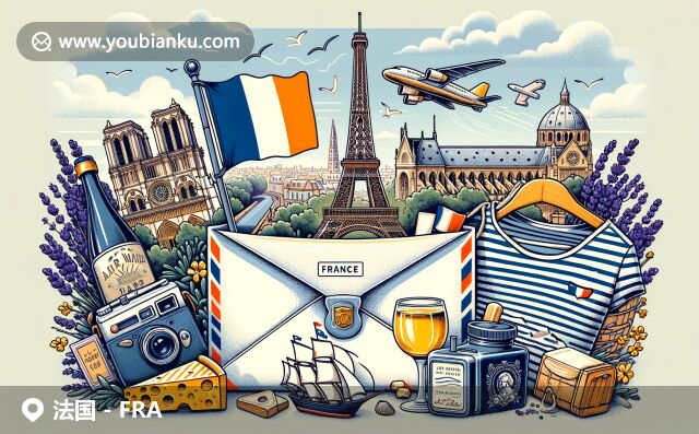 展現(xiàn)法國(guó)文化和地理特征的航空郵件插圖，融合埃菲爾鐵塔、郵票、國(guó)旗、圣母院、葡萄酒奶酪、海軍衫和薰衣草田