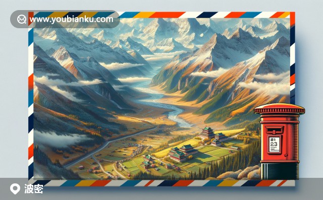西藏自治區(qū)林芝波密縣郵編860300 - 描繪著雪山、藏式建筑和牦牛的現(xiàn)代插畫
