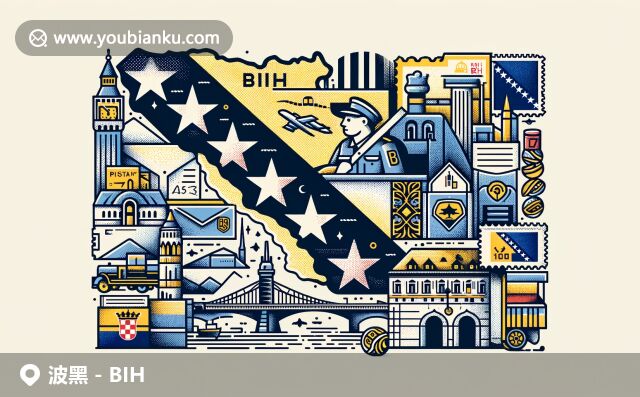 波黑（BIH）郵政編碼網(wǎng)頁特色，展現(xiàn)明信片、郵票和古橋，傳統(tǒng)手工藝品與國旗輪廓