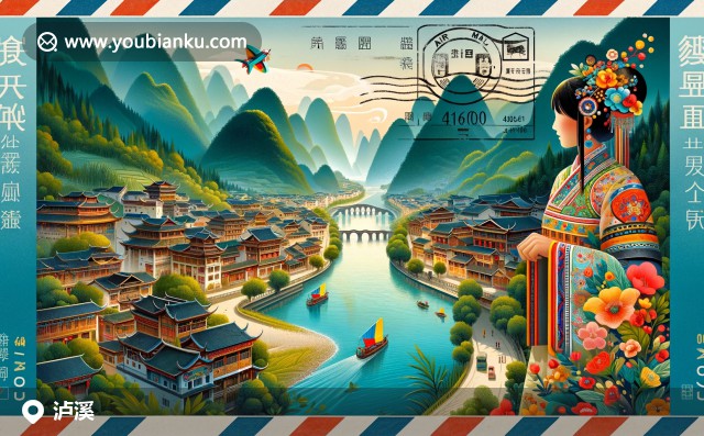 湖南省瀘溪縣的郵票插圖：鳳凰古城、土家服飾、山景與沅水河流