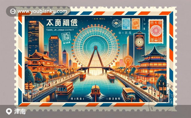 現(xiàn)代航空信封風格的天津津南區(qū)插畫：天津之眼夜景、傳統(tǒng)建筑與郵票元素的融合