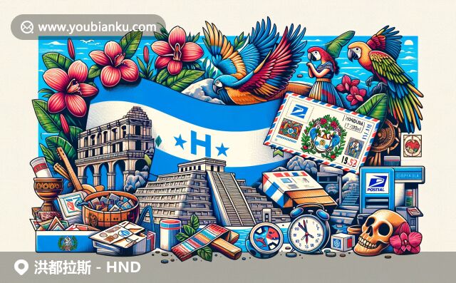 洪都拉斯國旗、文化遺址、傳統(tǒng)舞蹈與鸚鵡：展現(xiàn)多元文化與郵政元素的融合