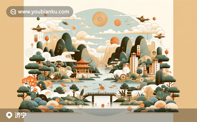 濟寧地區(qū)文化與郵政元素完美融合，展現(xiàn)水泊梁山、孔林、微山湖等景點，融入郵政編碼和郵政傳遞功能