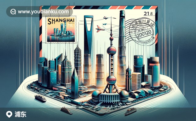插圖展示了浦東新區(qū)的標(biāo)志性建筑，如東方明珠、上海中心和環(huán)球金融中心，以郵編200120的信封形式呈現(xiàn)，背景有黃浦江和東方明珠郵票圖案