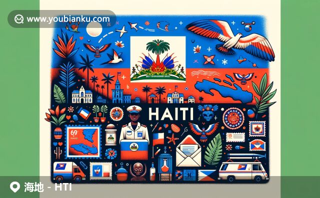 海地國旗、地圖輪廓和太子港國家宮殿，搭配熱帶植物和海地文化符號，展現(xiàn)豐富多彩的海地文化與自然風(fēng)光