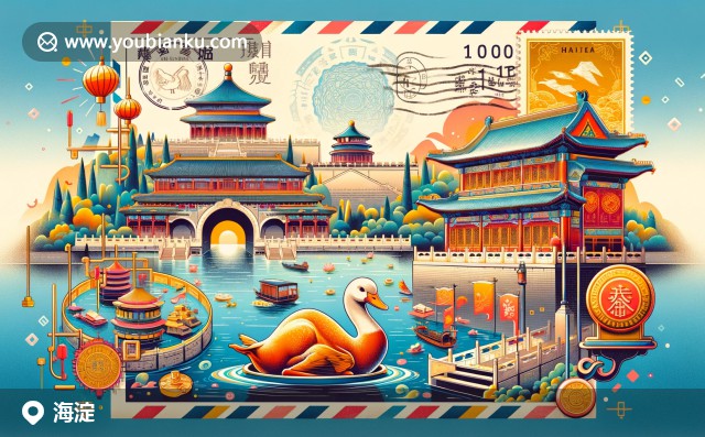 頤和園、清華大學(xué)與北京烤鴨郵票插畫，展現(xiàn)海淀區(qū)的學(xué)術(shù)魅力、歷史遺產(chǎn)及美食特色