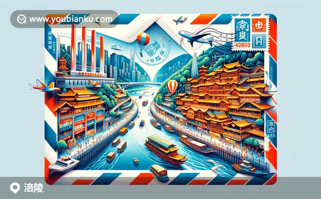 現(xiàn)代插畫：重慶涪陵區(qū)的標(biāo)志性武江畫廊、榨菜及郵政元素，展現(xiàn)城市歷史與現(xiàn)代交流