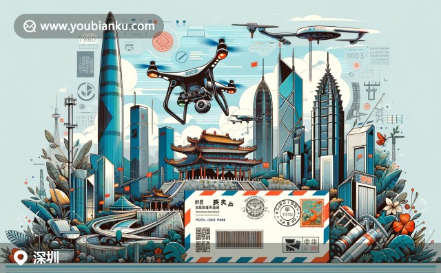 深圳現(xiàn)代與傳統(tǒng)的奇妙融合，展現(xiàn)金融中心、歷史遺跡和科技創(chuàng)新，一幅兼具經(jīng)濟(jì)、文化與科技象征的設(shè)計