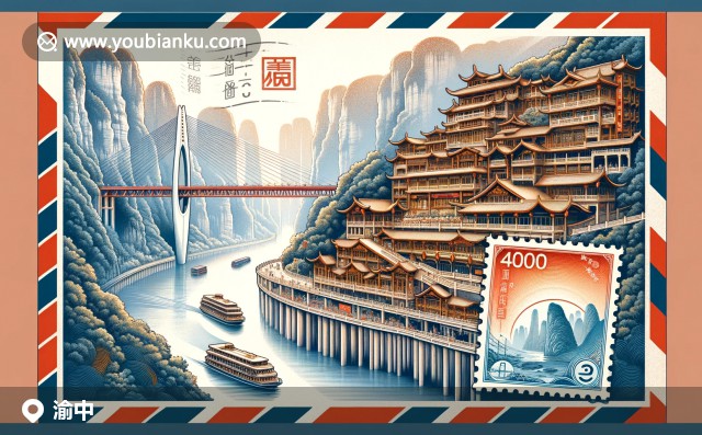 重慶渝中區(qū)插圖：解放碑、長江嘉陵江交匯及傳統(tǒng)重慶小面的郵政主題藝術(shù)