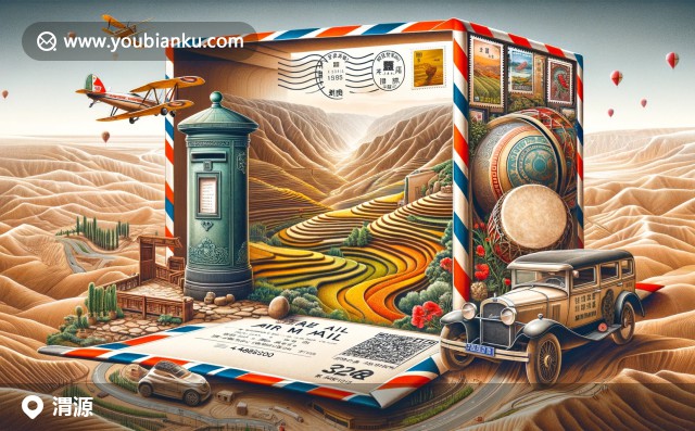 甘肅省定西市渭源縣全景插畫，展示梯田、石鼓和郵政元素的現(xiàn)代藝術(shù)呈現(xiàn)