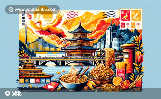 湖北文化與郵政元素完美融合，展現(xiàn)黃鶴樓與熱干面，神農(nóng)架自然風(fēng)光，背景點綴郵票與郵戳