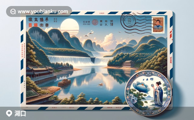 湖口大瀑布與江西瓷器的精美插畫，展現(xiàn)九江市湖口縣自然與文化特色，以及332500郵政編碼的現(xiàn)代設(shè)計