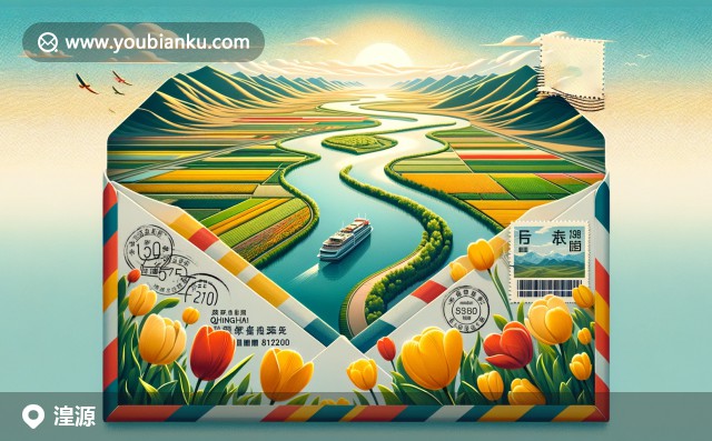 青海西寧湟源風(fēng)光：黃河邊的郁金香田與特色郵局標(biāo)識(shí)