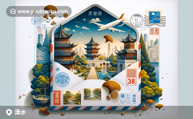 半開(kāi)的航空信封描繪南京溧水，展示白教園古建筑、金黃銀杏與湯山溫泉的美麗郵票郵戳藝術(shù)