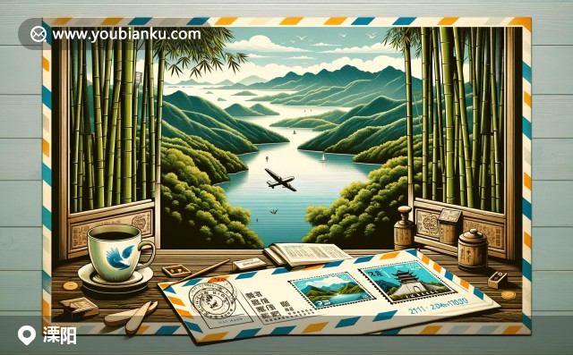航空信封上的天目湖與南山竹海景色，郵戳與長(zhǎng)城郵票展示，213300郵政編碼，木質(zhì)桌面與窗外竹林湖景的完美融合