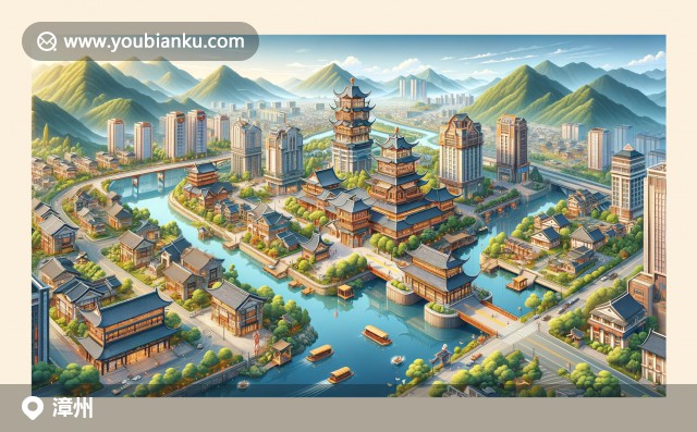 漳州傳統(tǒng)與現(xiàn)代的完美結(jié)合，描繪南靖土樓、云水謠古鎮(zhèn)和火山島景觀，展現(xiàn)郵政元素和地標建筑