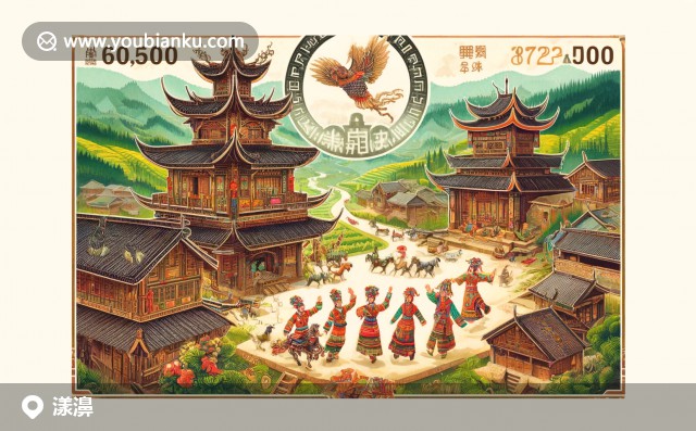 裝飾郵戳的航空信封，展示漾濞壯麗峽谷、白族建筑與彝族服飾的風情